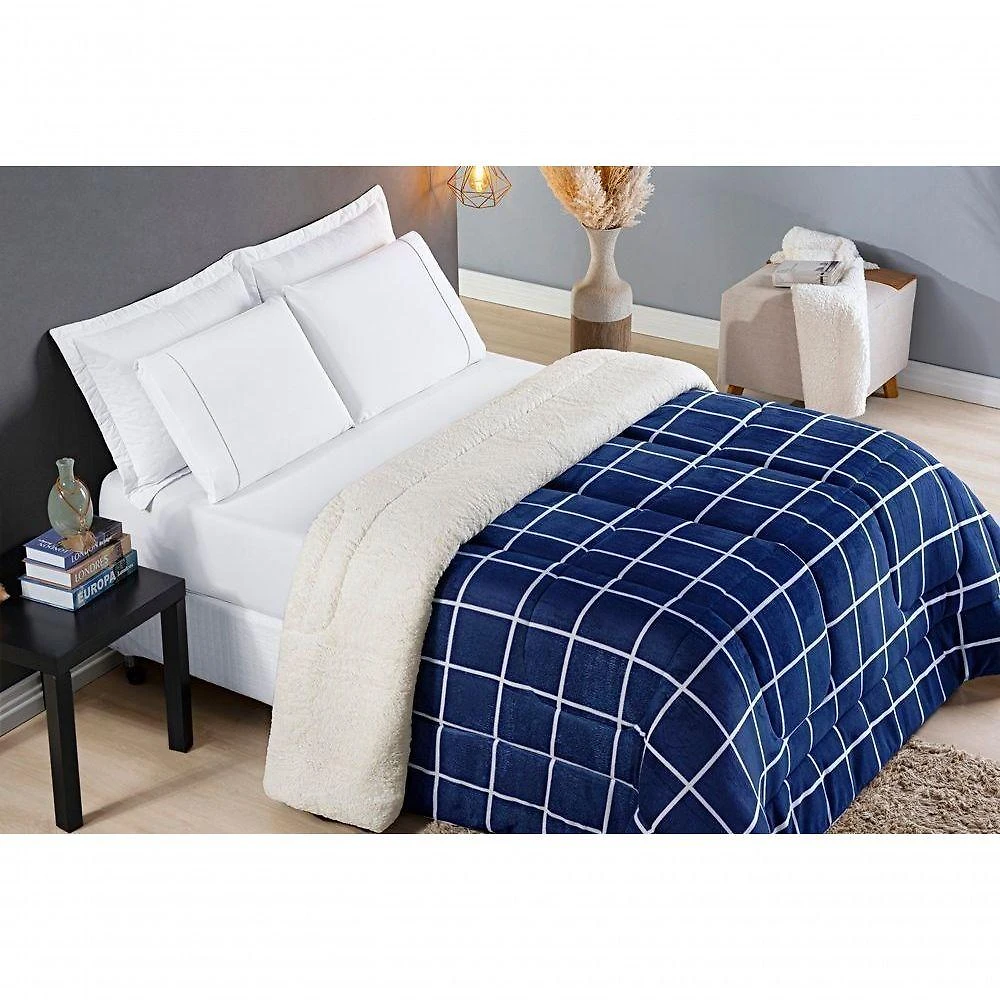 Coberdrom Sherpa E Flannel Austin Solteiro Manta 100g 01 Peça - Marinho