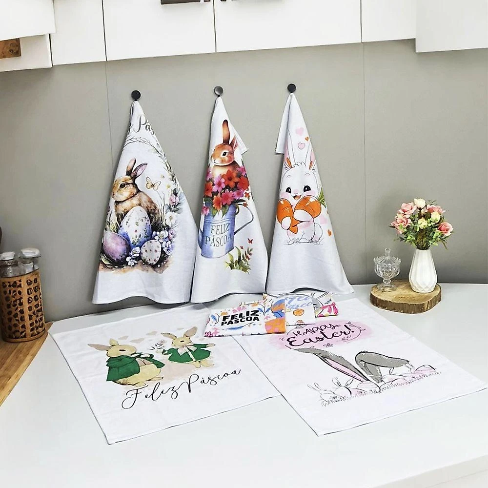 Kit 10 Pano de Prato Copa Pascoa Sacaria 90% Algodão Estampado Branco Off-white Lomaer