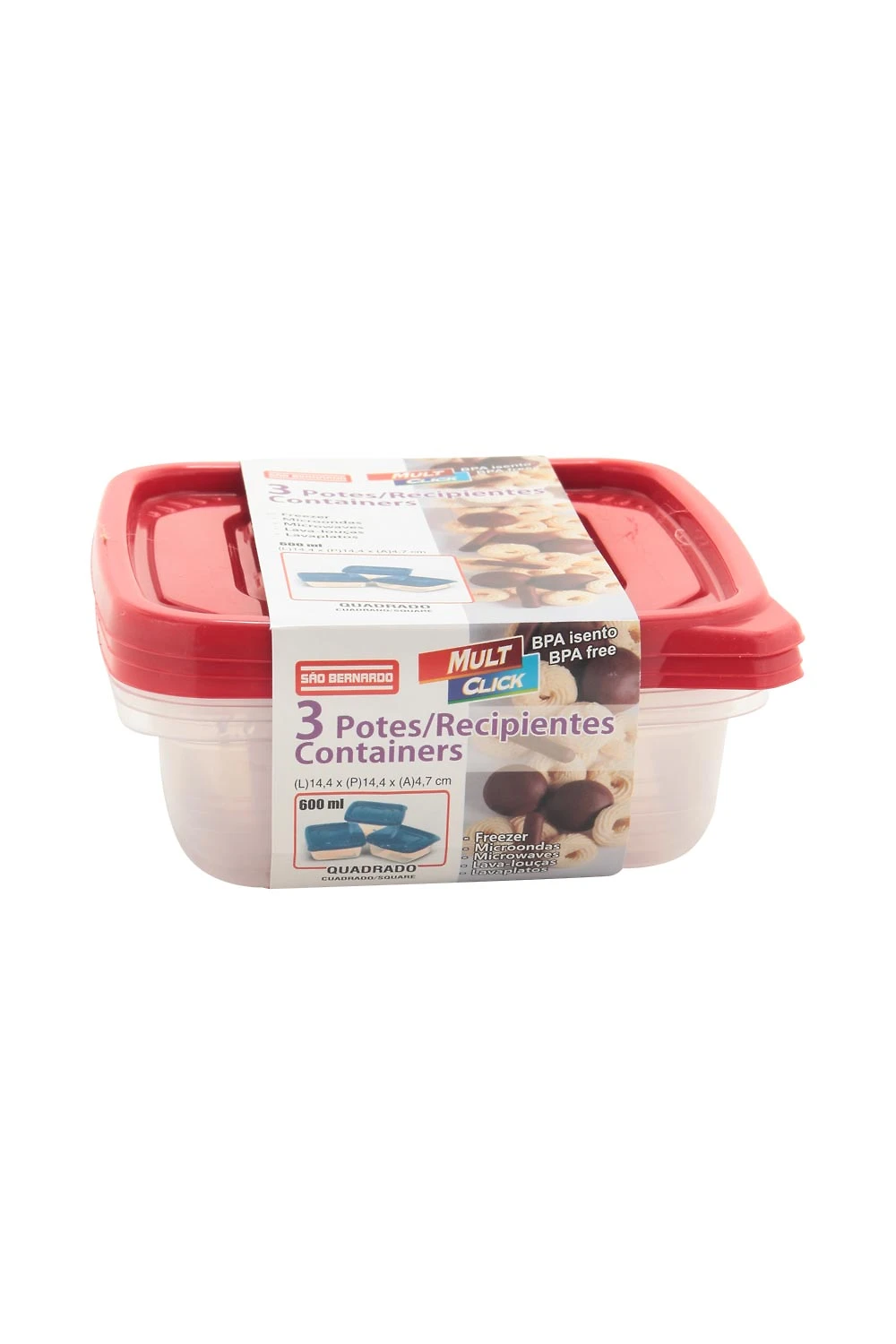 Conjunto de Potes São Bernardo Multiclick em Plástico Quadrado com Tampa Branca com 3 Peças 600ml