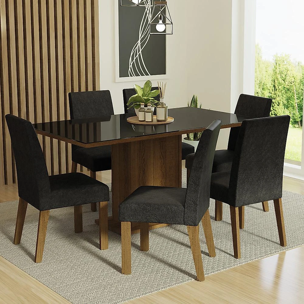 Conjunto sala de jantar mesa tampo de vidro 6 cadeiras rustic/preto/oxford alexis madesa