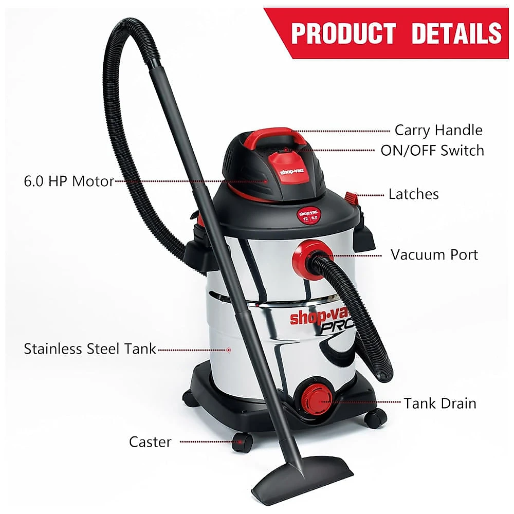 Miniatura Aspirador de Pó Profissional de 45,48 Litros com Tanque de Aço Inoxidável, Motor de 6 Picos, 110V 1416W, Shop Vac Pr...