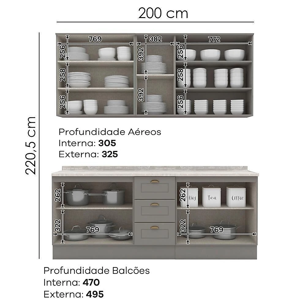 Cozinha Modulada 200 Cm Ce854 Americana Cinza Calcare Henn