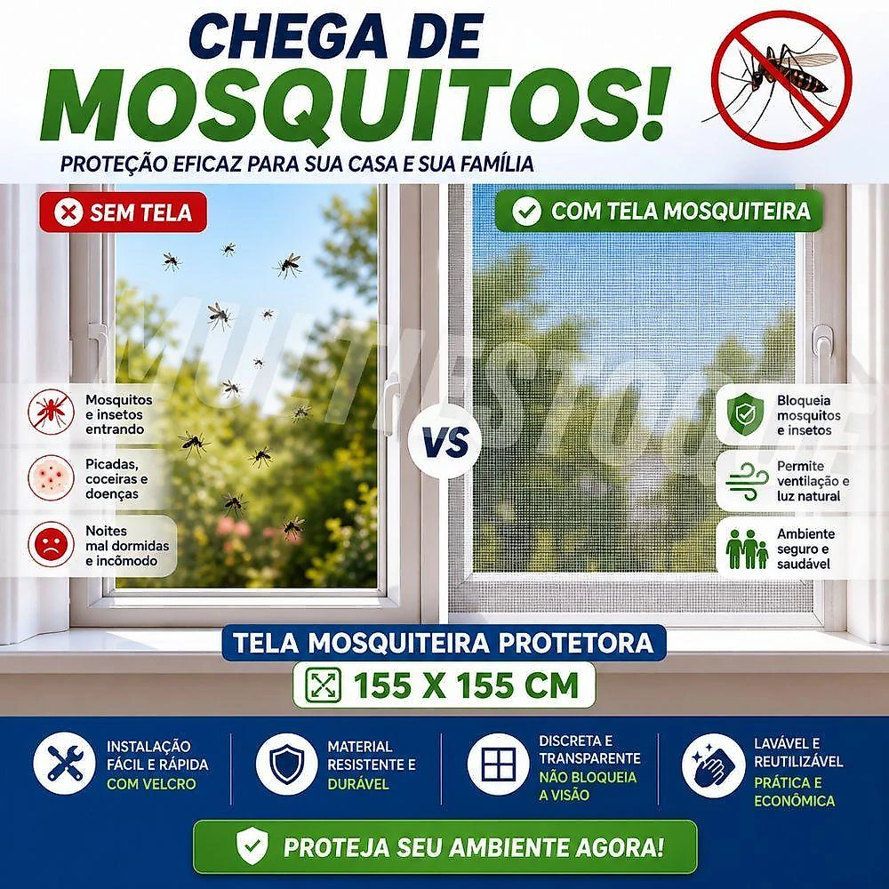 Tela Mosquiteira com Velcro 155x155cm para Proteção de Janelas Vida Pratika