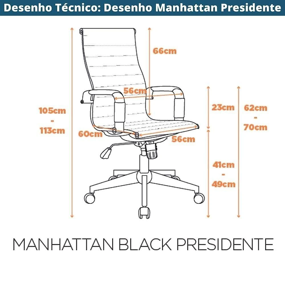 Kit 2 Cadeiras Escritório Manhattan Black Esteirinha Presidente Fratini Pu Cinza Base Rodízio Preto