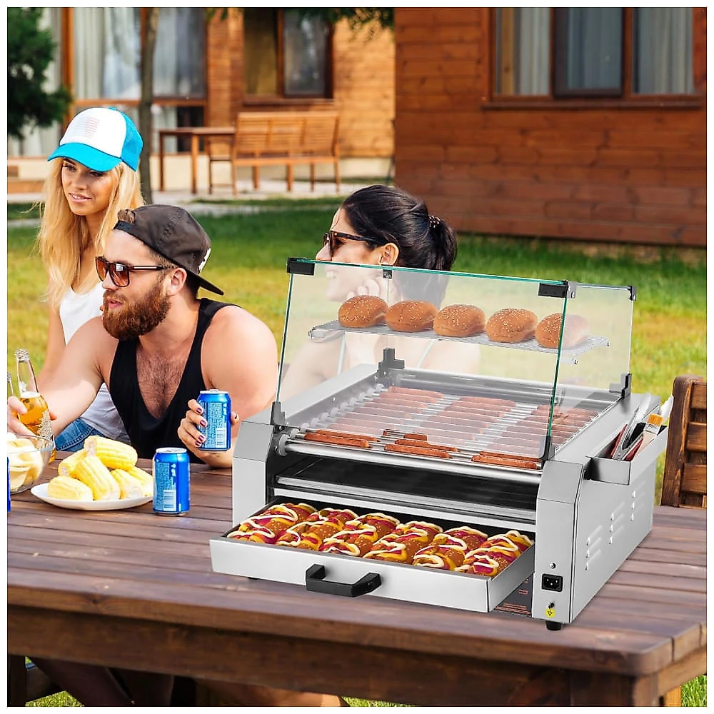 Máquina de Cachorro-Quente VEVOR, 30 Salsichas em 11 Rolos, Grill de Aço Inoxidável, 1950W com Aquecedor de Pães, Tampa, 3 Controles de Temperatura,