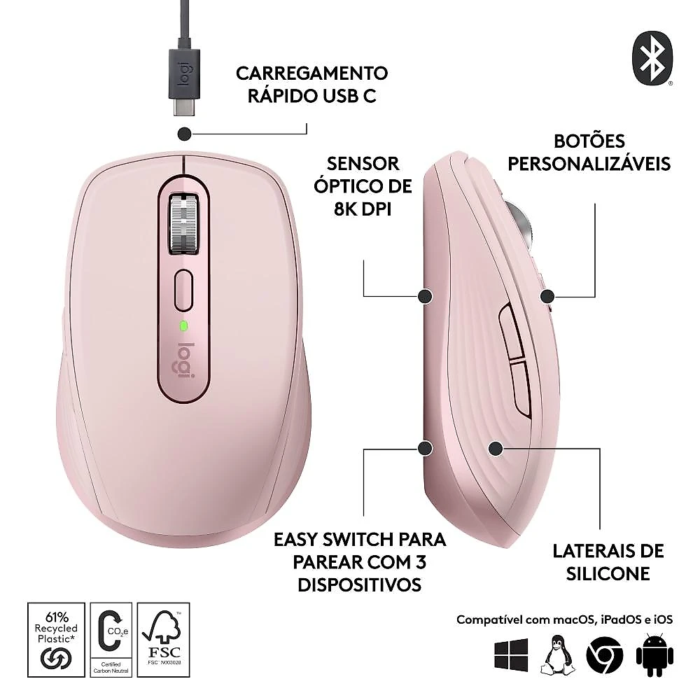 Mouse sem fio Logitech MX Anywhere 3S  - Rosa