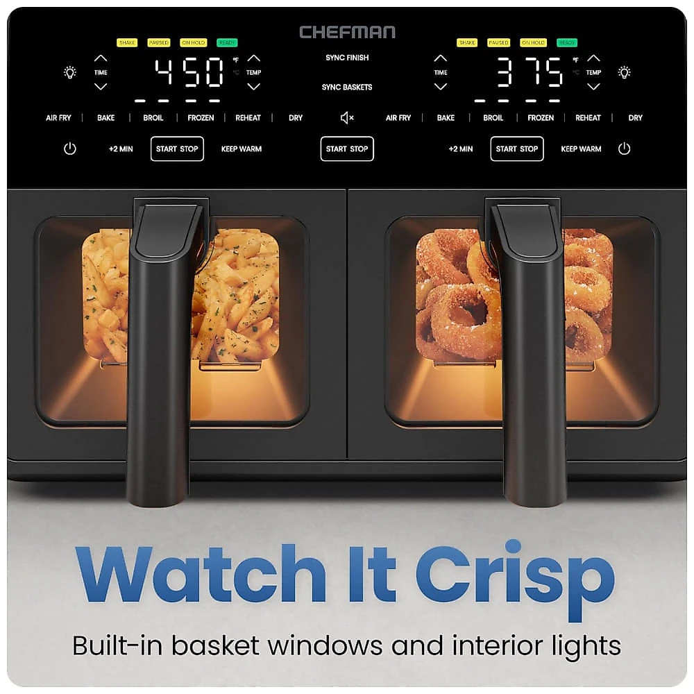 Fritadeira Elétrica Dupla Chefman TurboFry Preta Motor DC 2 Cestos Cerâmica 8,5L 232°C 1750W 120V