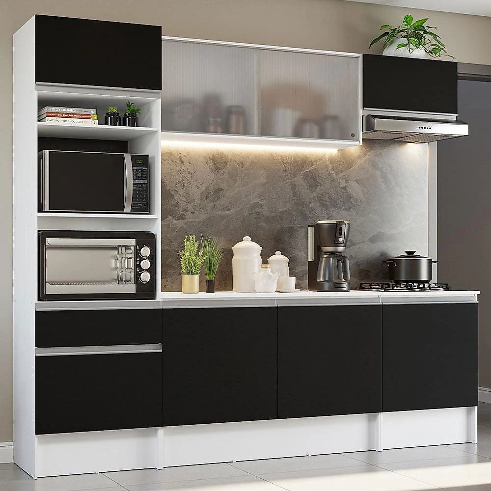 Cozinha completa madesa topazio com armário, balcão e tampo - branco/preto