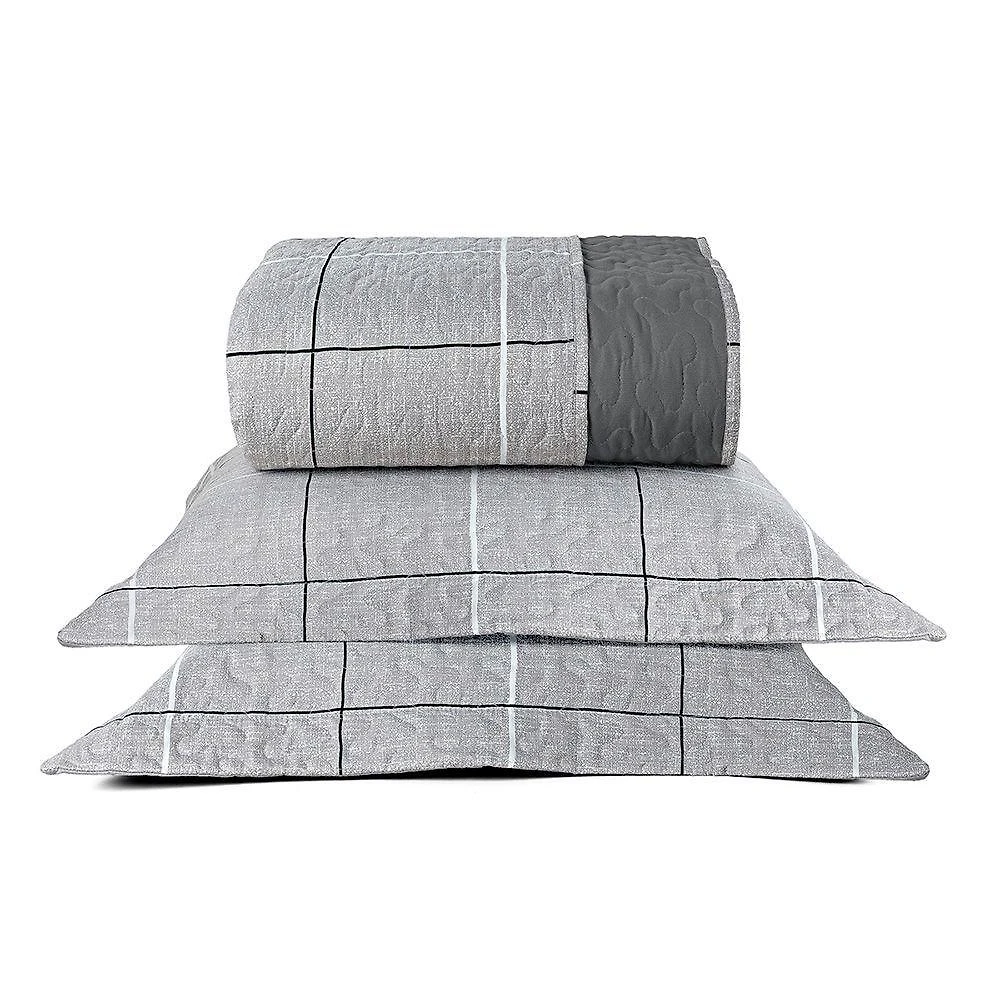 Kit Cobre Leito Colcha Casa Scarpa Celi Queen Dupla Face Micropercal 200 Fios 3 Peças Xadrez Grid Cinza