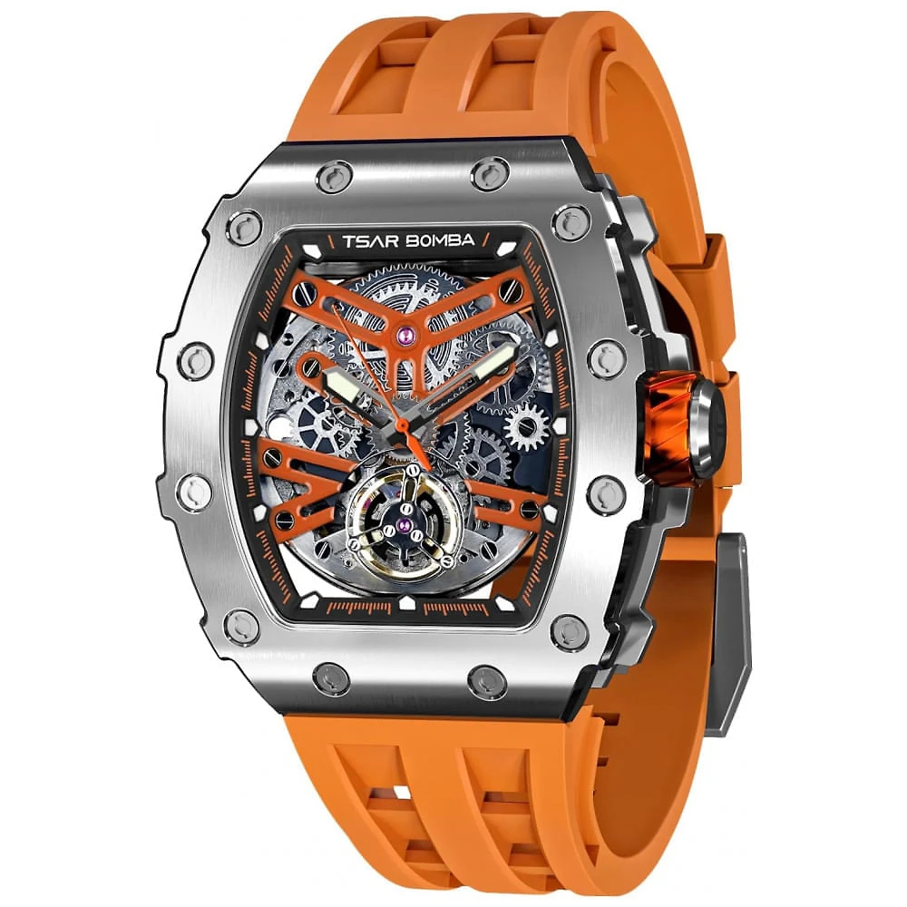 Relógio Masculino Analógico Automático Mecânico a Prova dÁgua 50M com Pulseira de Silicone, TSAR BOMBA CF03, Laranja e Pr...