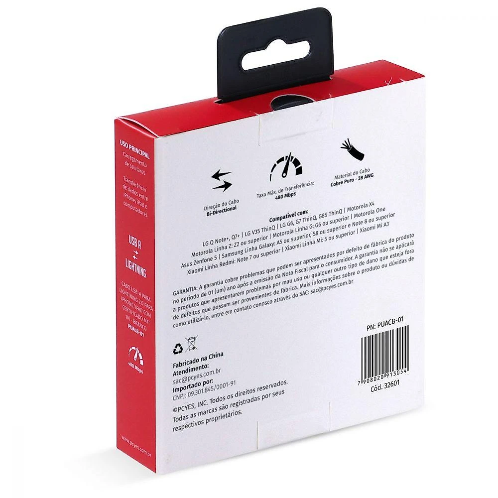 Cabo Para Celular Usb A 2.0 Para Usb Tipo C 1 Metro Branco - Puacb-01