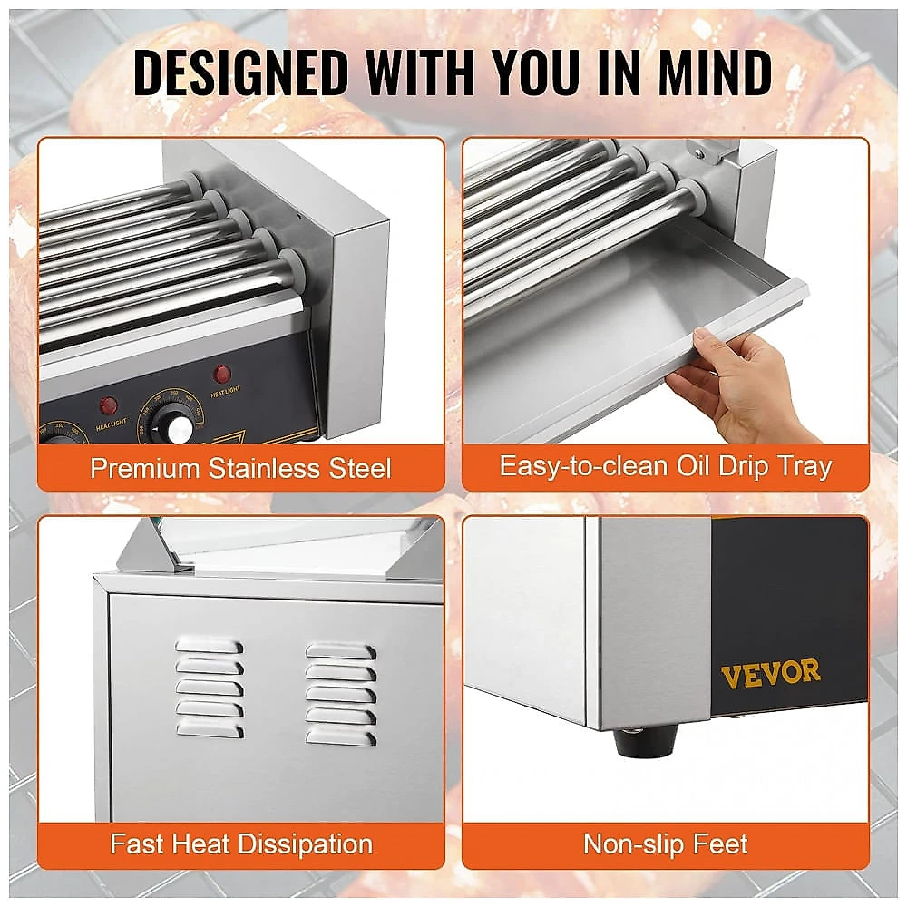 Máquina de Hot Dog com 5 Rolos para Até 12 Salsichas por Vez, 110V 750W, VEVOR, Aço Inoxidável