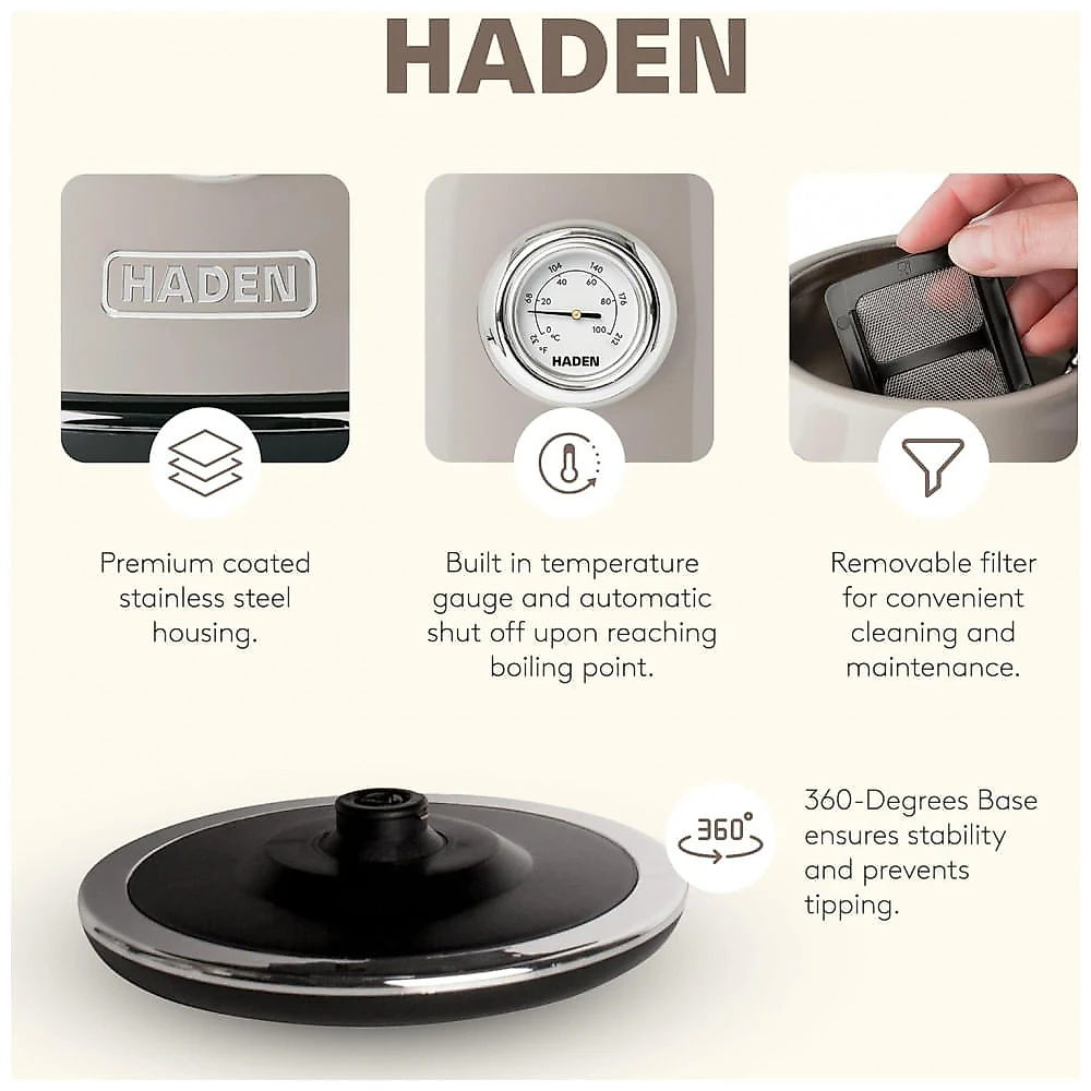Conjunto torradeira 4 fatias e chaleira elétrica HADEN Dorset inox putty e cromada 1,7L 1500W 110V