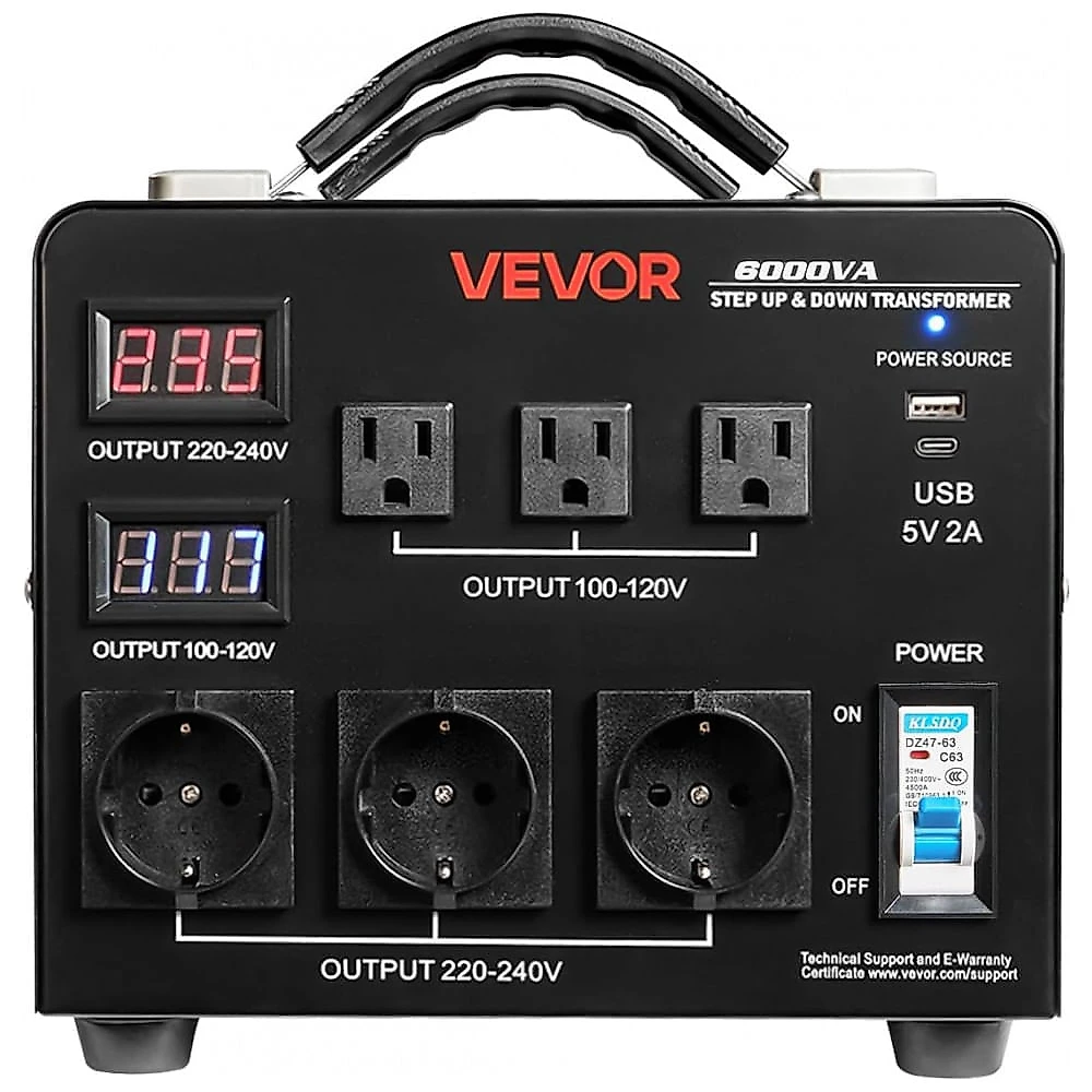 Transformador(Conversor) de Voltagem Automático VEVOR 6000VA Elevação/Redução 110V para 220V/220V para 110V 3 US 3 EU LCD Disjuntor HYMG-6000VA.