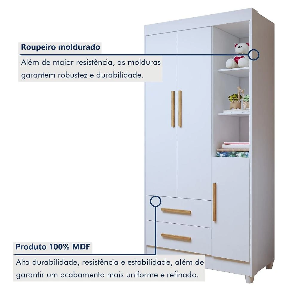 Quarto de Bebê Guarda Roupa 3 Portas e Berço Mini Cama 100% MDF com Colchão Nina  Branco