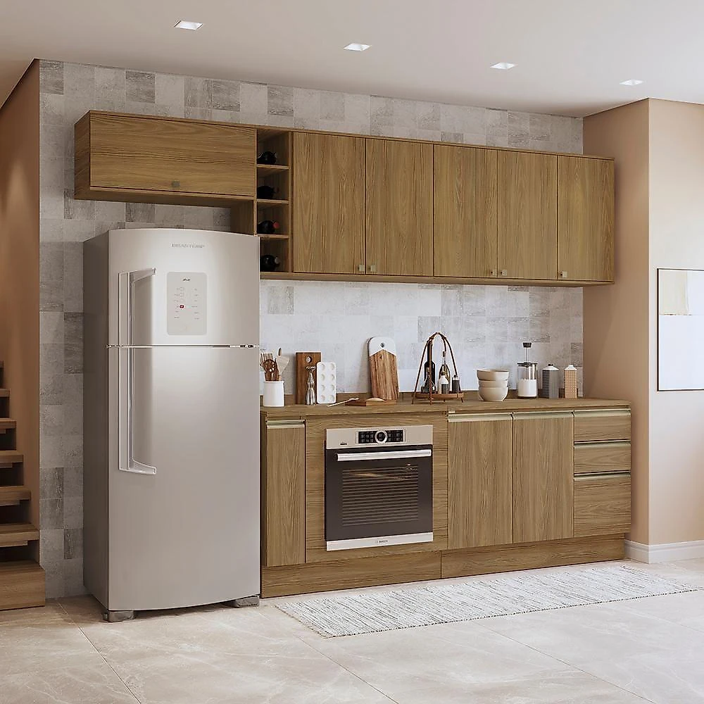 Armário De Cozinha Completa 3 Gavetas 100% Mdf 300cm Nogueira Celeste Kappesberg