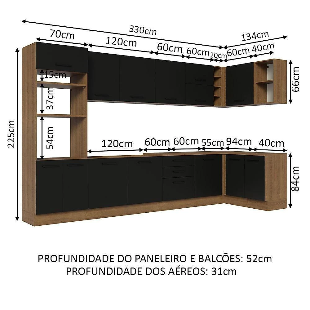 Armário De Cozinha Completa De Canto 499cm Rustic/preto Agata Madesa 01 Rustic/preto
