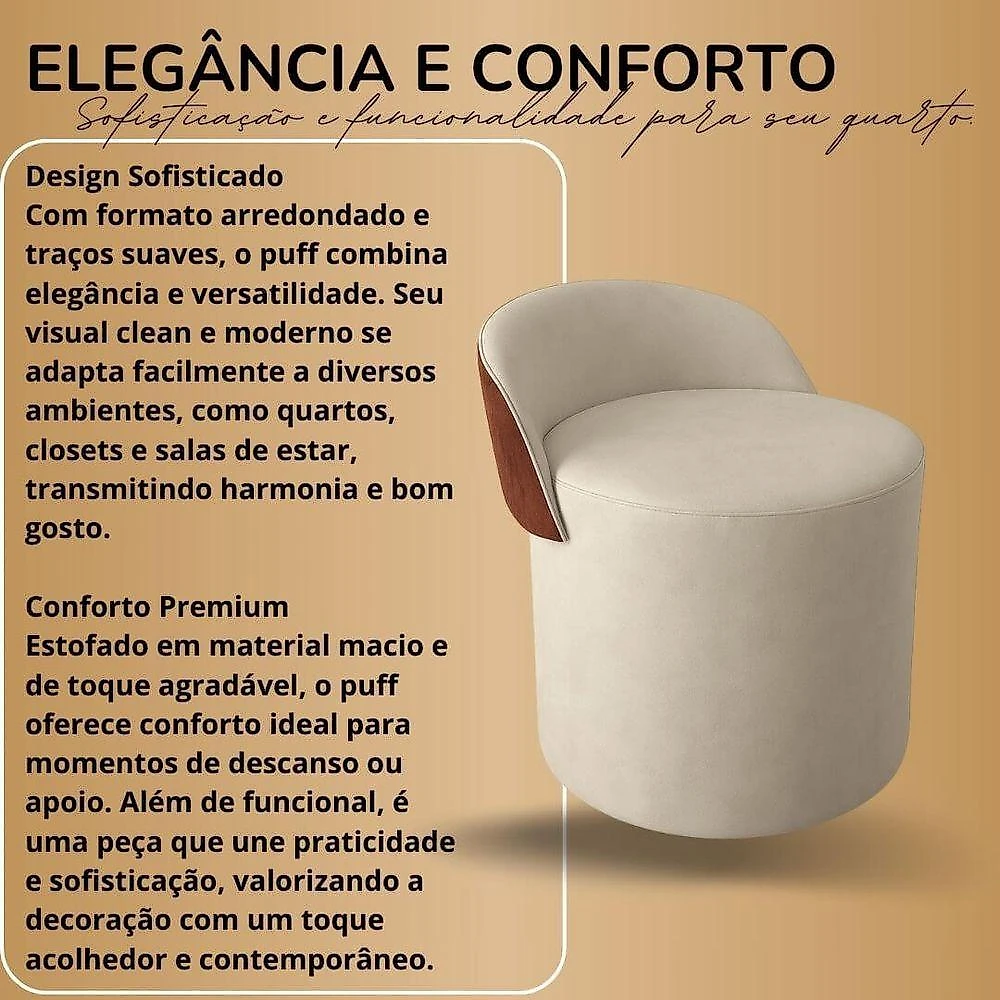 Kit 2 Puff Redondo Orgânico Com Encosto Curvo Confortável Resistente Composé Linho Corino Linho Bege