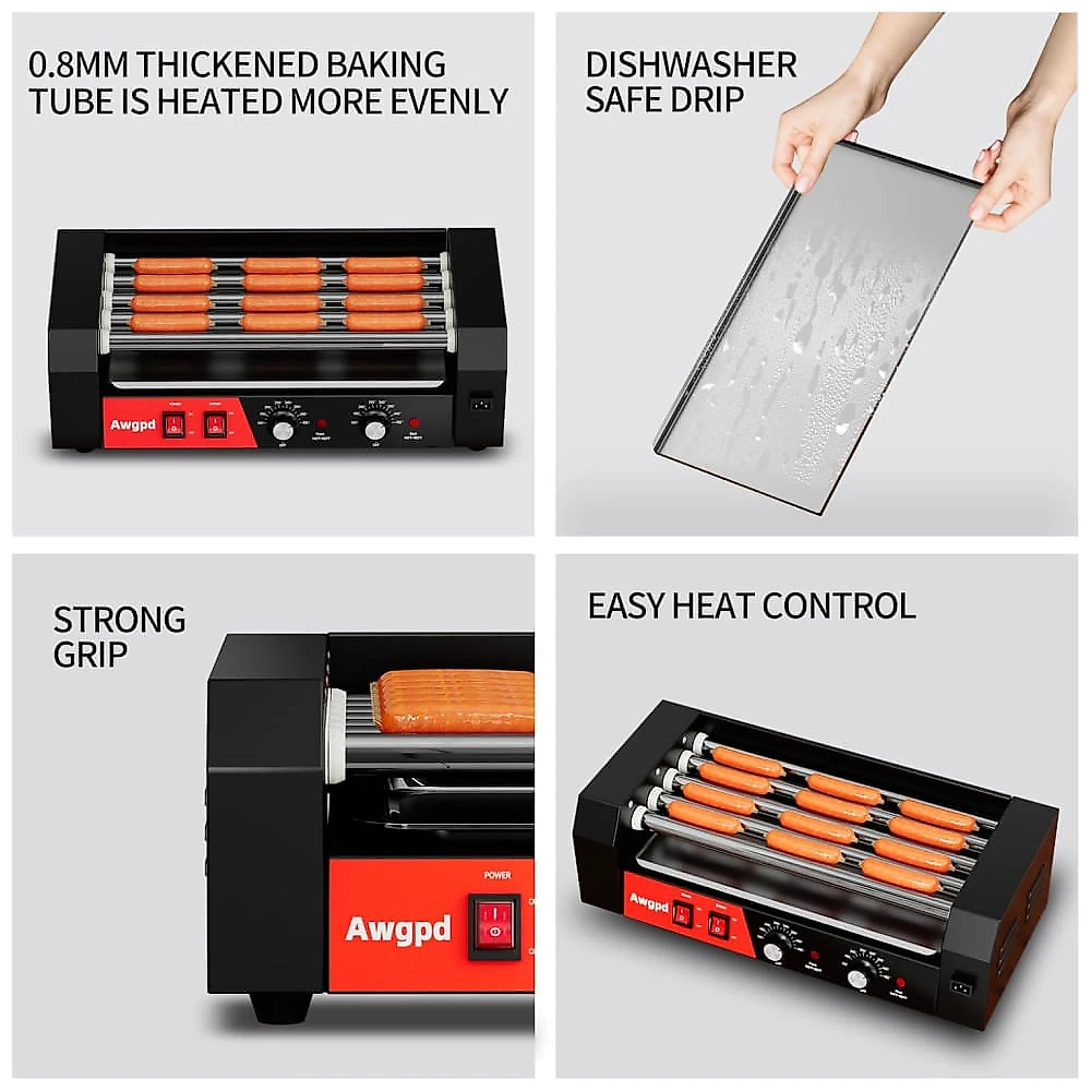 Máquina de Salsicha e Hot Dog Awgpd Grill, 5 rolos, capacidade para 12 hot dogs, 750W, controle de temperatura duplo, bandeja coletora removível 110v