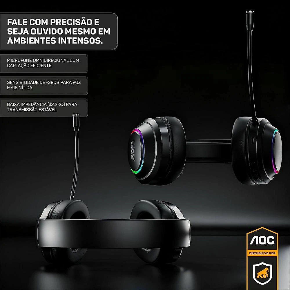 Headset Gamer Sem Fio 2.4G + Bluetooth - RGB, Microfone, Baixa Latência – Preto - AOC