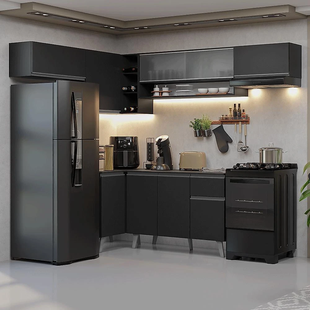 Armário de cozinha completa de canto 405 cm preto nice madesa 05