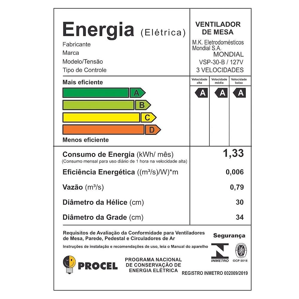 Ventilador de Mesa Mondial 6 pás VSP-30-B, Preto - 220V 220 Volts