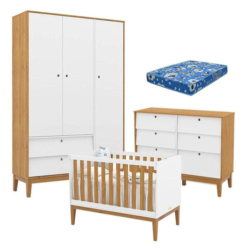 Quarto De Bebe Unique 3 Portas Com Cômoda 6 Gavetas Branco Soft Freijó Eco Wood E Colchão Ortobom - Matic
