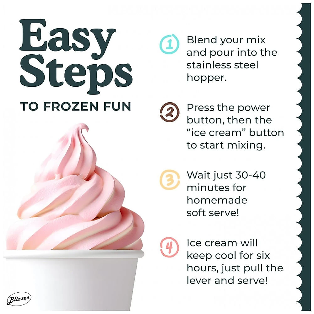 Sorveteira Elétrica BLIZZEE Branca Soft Serve Compressor Embutido Sem Pré-Congelamento 1,18L Aço Inox 120V