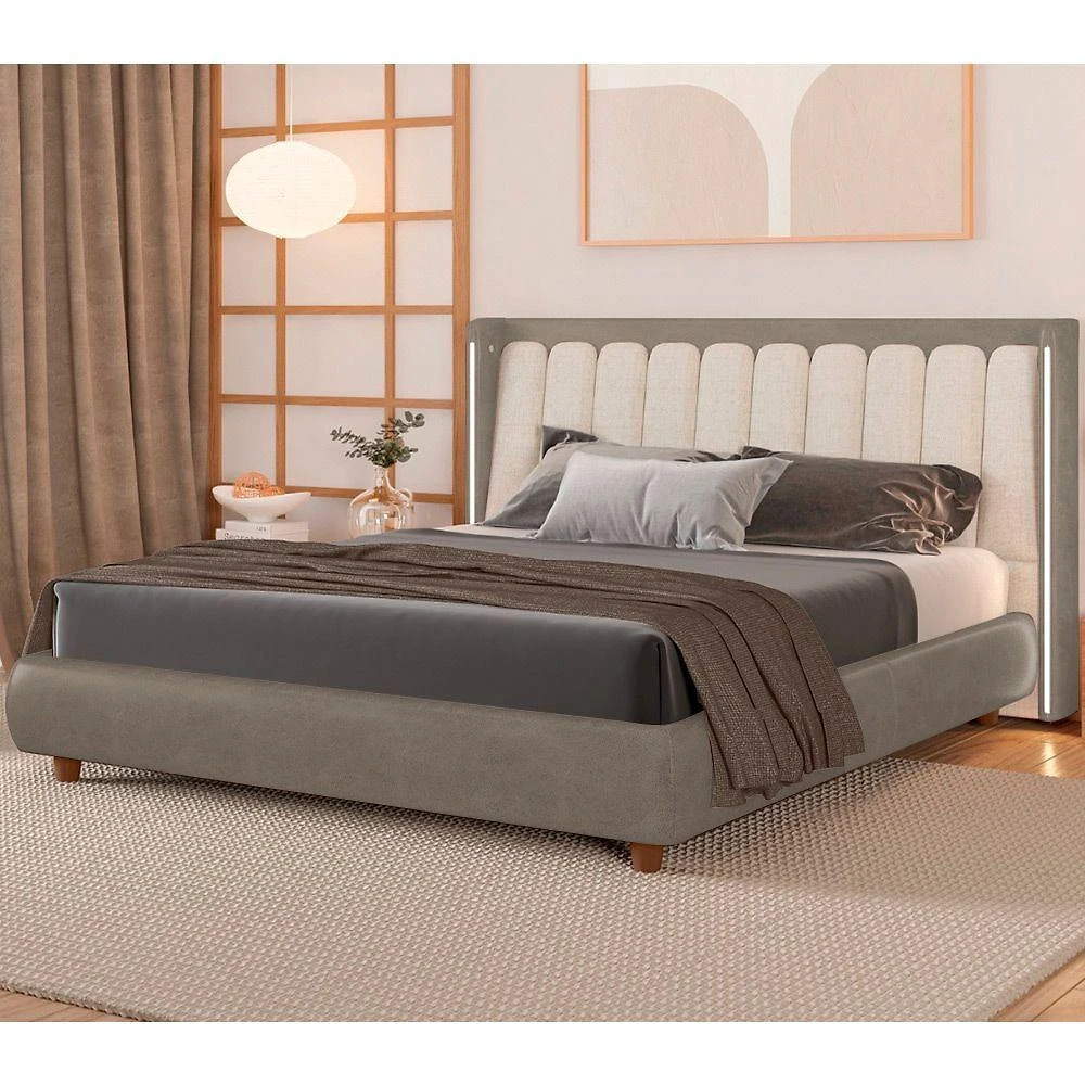 Cama Japonesa Queen Seo-yeon com Cabeceira em Led Madeira Eucalipto Cinza - Off White Sallar Home