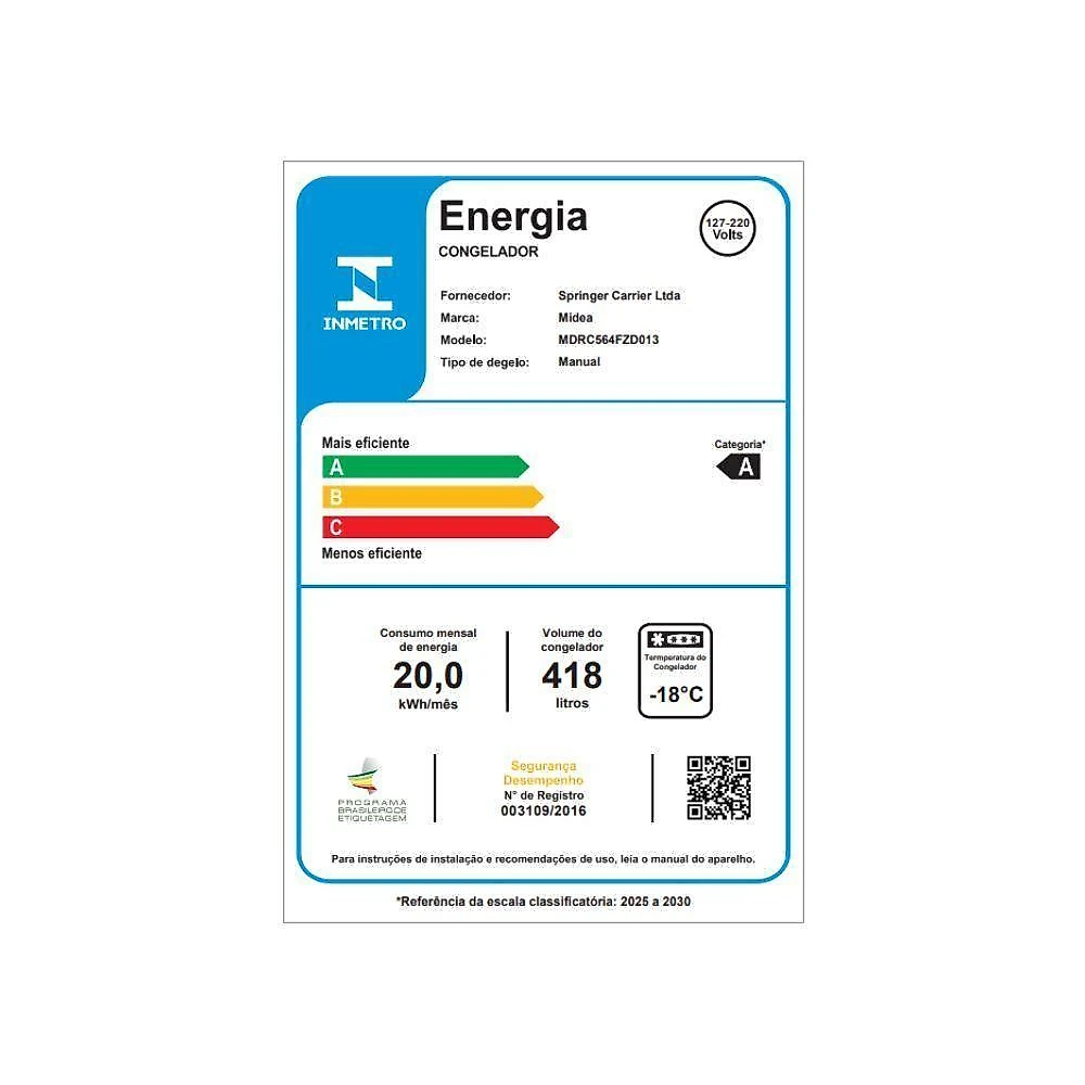 Freezer midea horizontal 418l 2 porta branco bivolt (mdrc564fzd013)