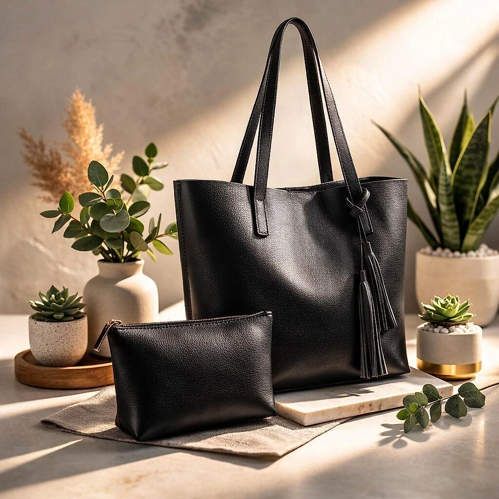Kit Bolsa Boho Sacola E Necesseire Topgrife Couro Cor Preto Tamanho único