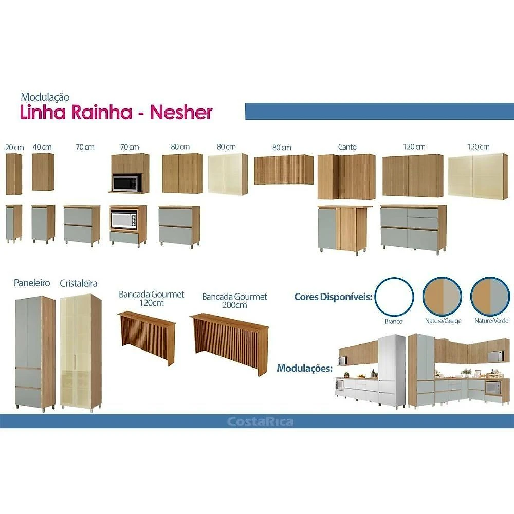 Cozinha Completa Rainha CZ433 6 Portas 5 Gavetas MDF Nature e Verde Nesher Móveis