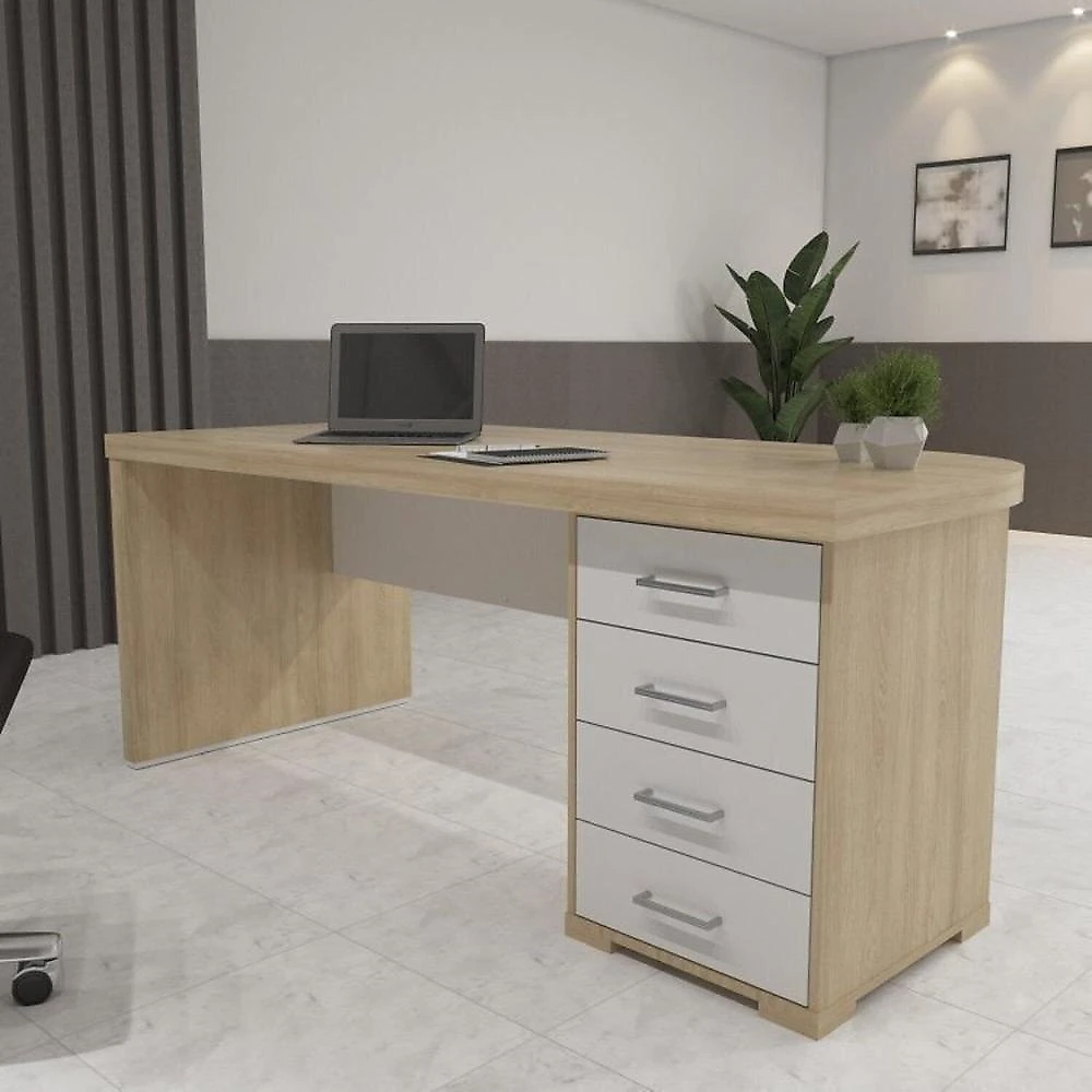 Conjunto Mesa Escritório Tamburato com Gavetas Lado Direito e Mesa de Apoio Carvalho / Branco