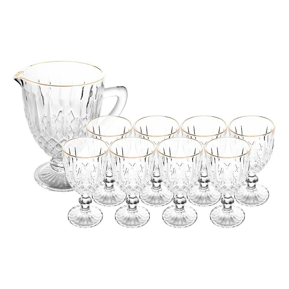 Jogo Jarra 1l Greek Com 8 Taças De Vidro 345ml Fio De Ouro Borda Dourada água Suco Wolff