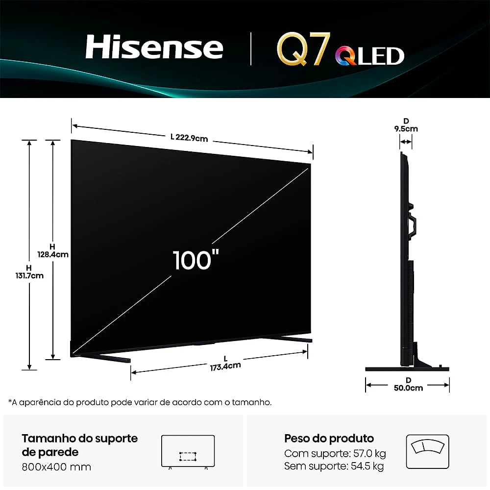 Miniatura Smart TV 4K Hisense QLED 100” Polegadas com Subwoofer Embutido, Modo Jogo Pro, 144Hz e Wi-Fi - 100Q7QG Bivolt