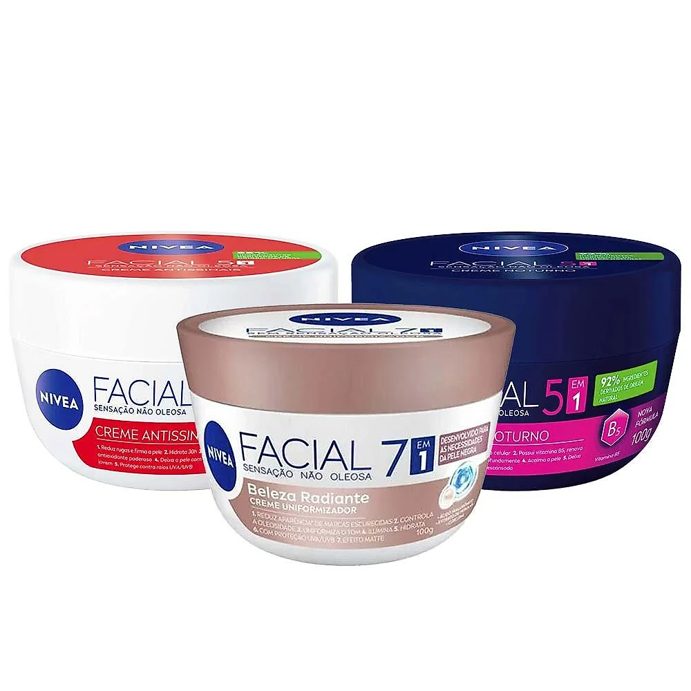 Nivea kit – creme hidratante facial antissinais 100g + hidratante facial 7 em 1 beleza radiante 100g + creme hidratante facial noturno 100g