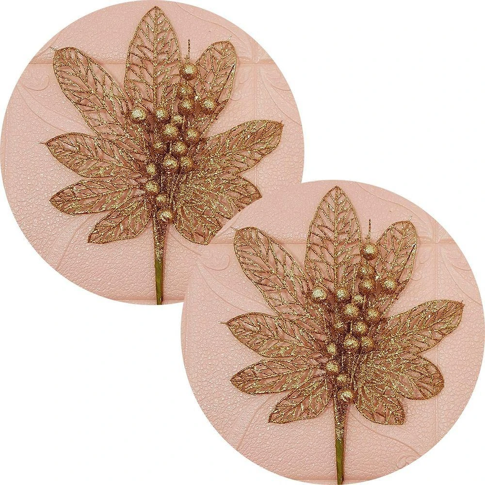 Flores Enfeite árvore Natal Gliter Dourado De 45cm Kit 10pçs