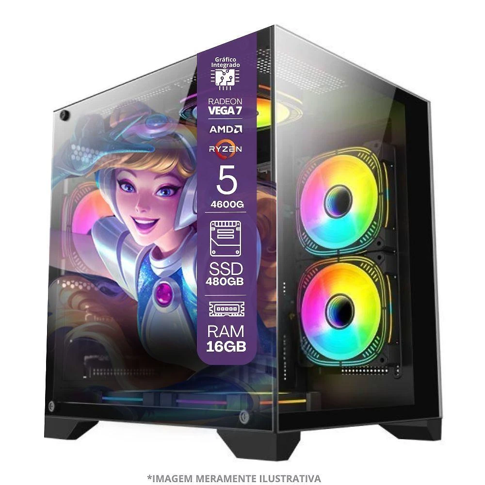 Miniatura Pc Gamer Amd Ryzen 5 4600g, 16gb Ram, Placa De Video Radeon Vega 7, Ssd 480gb, Fonte 550w + Kit Gamer Completo