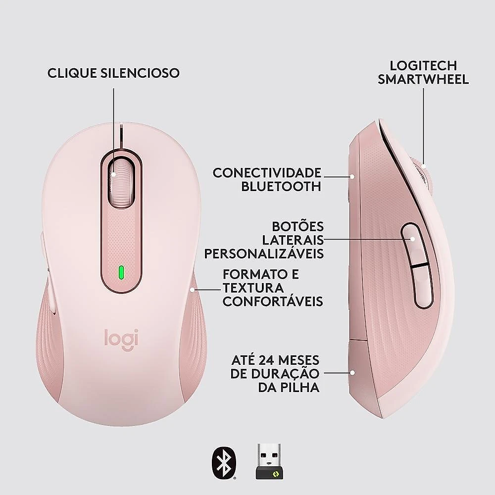 Mouse Sem Fio Logitech Signature M650, 2000 DPI, Compacto, 5 Botões, Silencioso, Bluetooth, USB, Rose - 910-006251