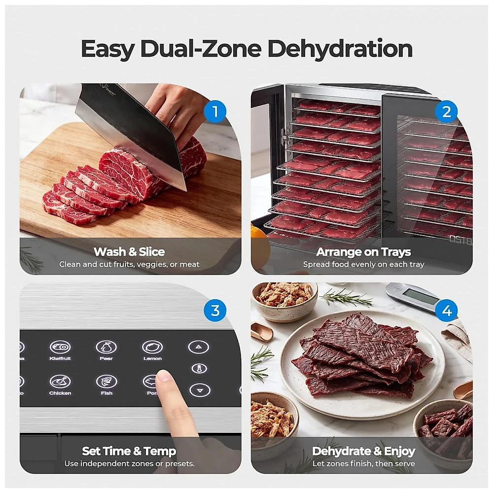 Desidratador de Alimentos OSTBA FD-1027 1300 W 20 Bandejas de Aço Inox Dupla Zona Timer 48 h Uso Doméstico