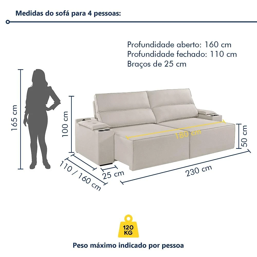 Sofá Retrátil e Reclinável 4 Lugares com Entrada USB e Porta Copos 230cm Irlanda Yescasa Sofá Retrátil e Reclinável 4 Lugares 230cm M180 Linho/Bege Claro