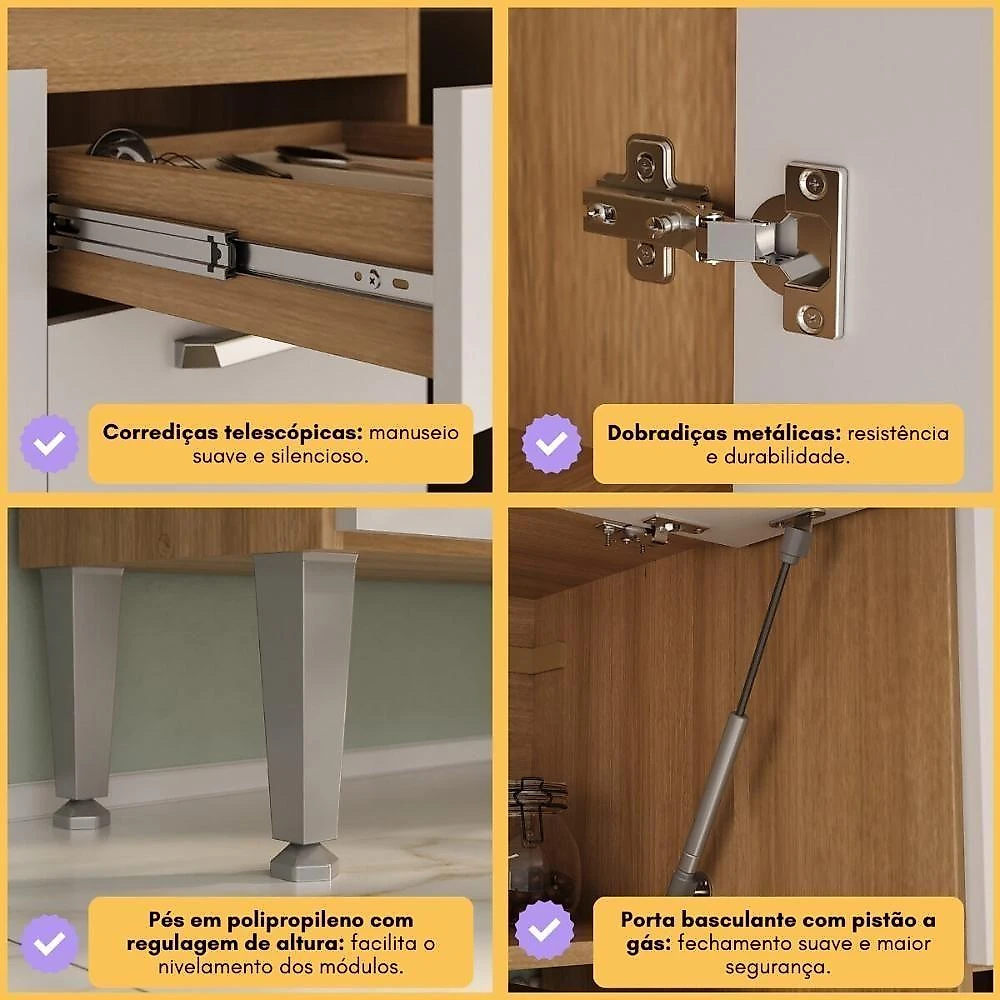 Armário Cozinha Modulada Compacta Com Vidros 270cm 3 Peças Paris Multimóveis Mp2297 Madeirado-Branco