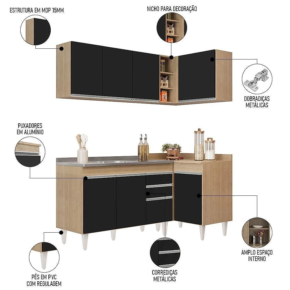 Armário De Cozinha Modulado De Canto Esquerdo 4 Peças Cp48 Com Pia Inox Castanho/preto - Lumil