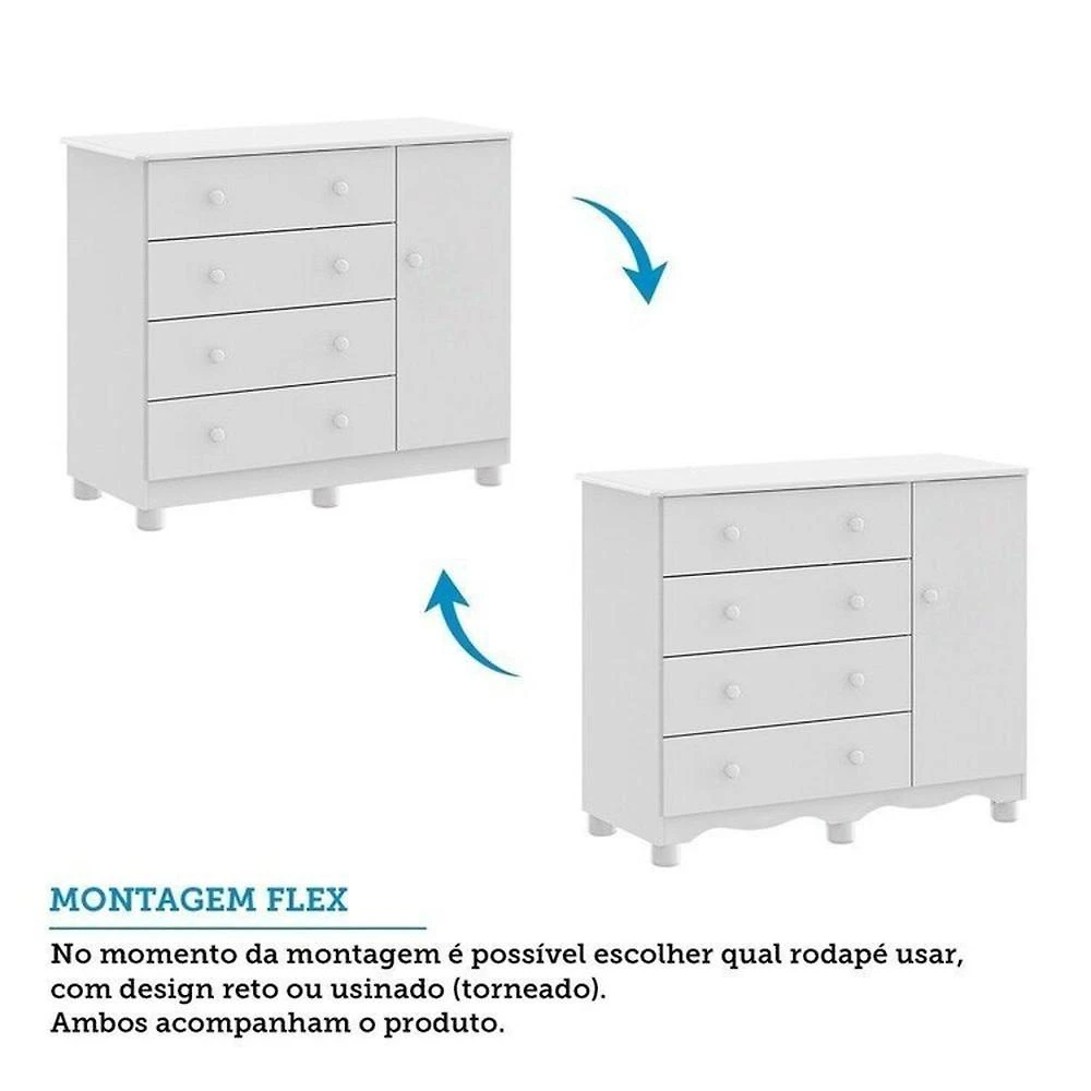 Quarto de Bebê Completo Berço Minicama Guarda-roupa 4 Portas e Cômoda 100% Mdf Nina Espresso Móveis Branco Brilho