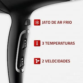 Miniatura Secador de Cabelos Mondial SCN-04 Chrome Black 2000W Tourmaline Íon 3 Temperaturas Preto 110V