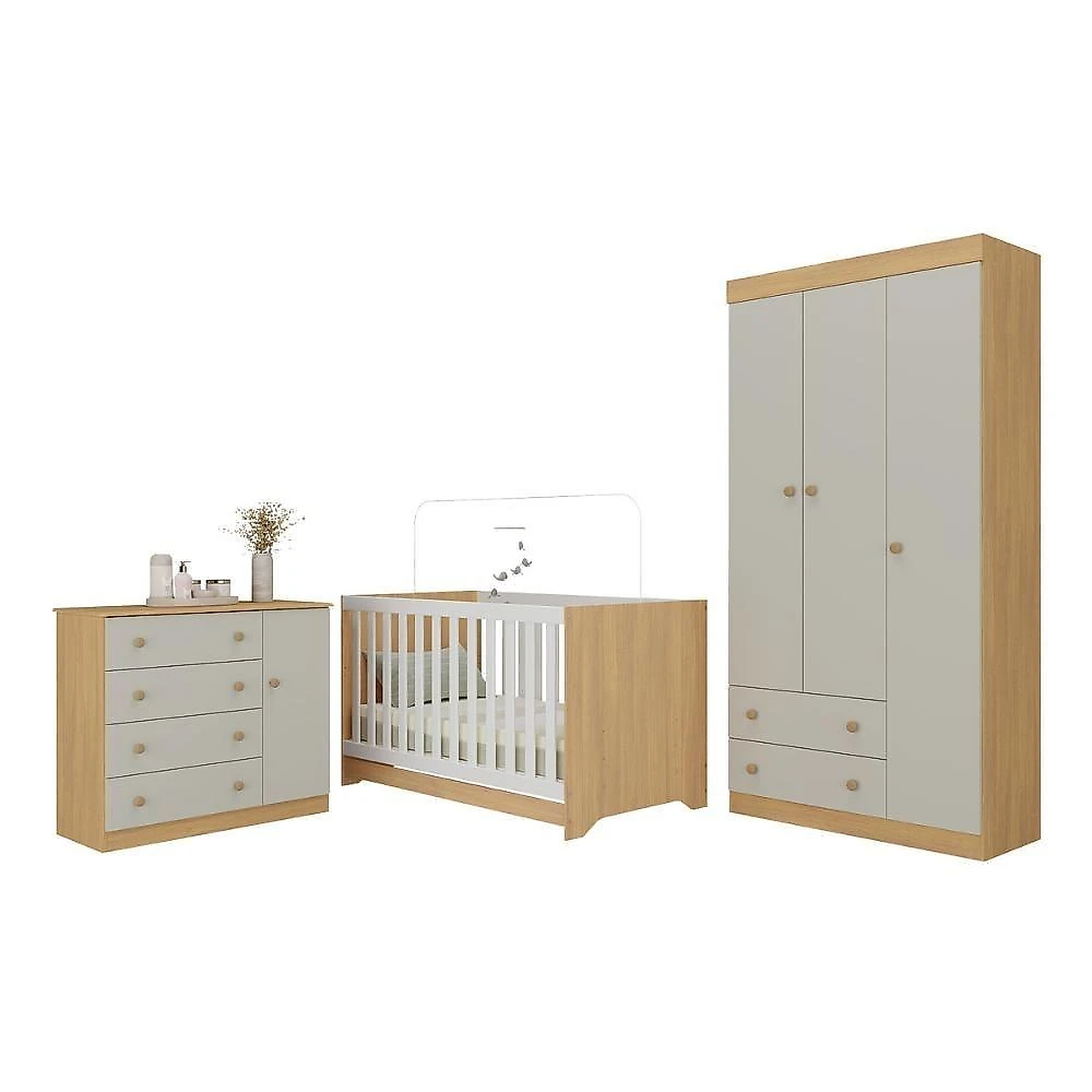 Quarto De Bebê Completo Com Berço Americano 3 Em 1 Encanto Multimóveis MP4589 Madeirado-off White