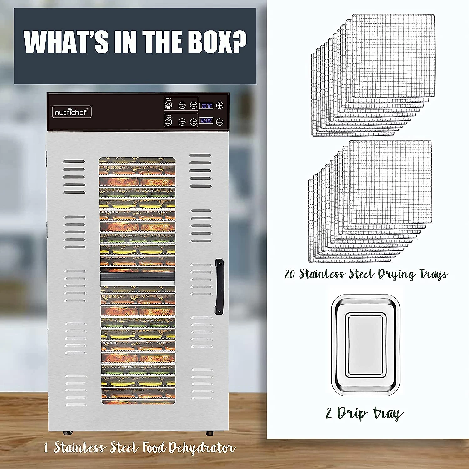NutriChef Máquina Desidratadora de Alimentos Comercial com 20 Bandejas 2000W110V Prata