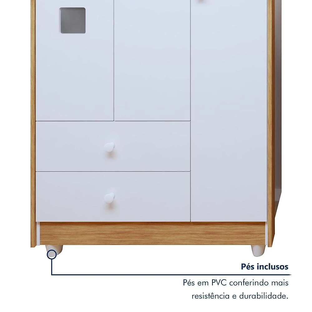 Quarto de Bebê 100% MDF Berço Minicama com Colchão, Cômoda e Guarda Roupa 3 Portas Life Branco/Ypê