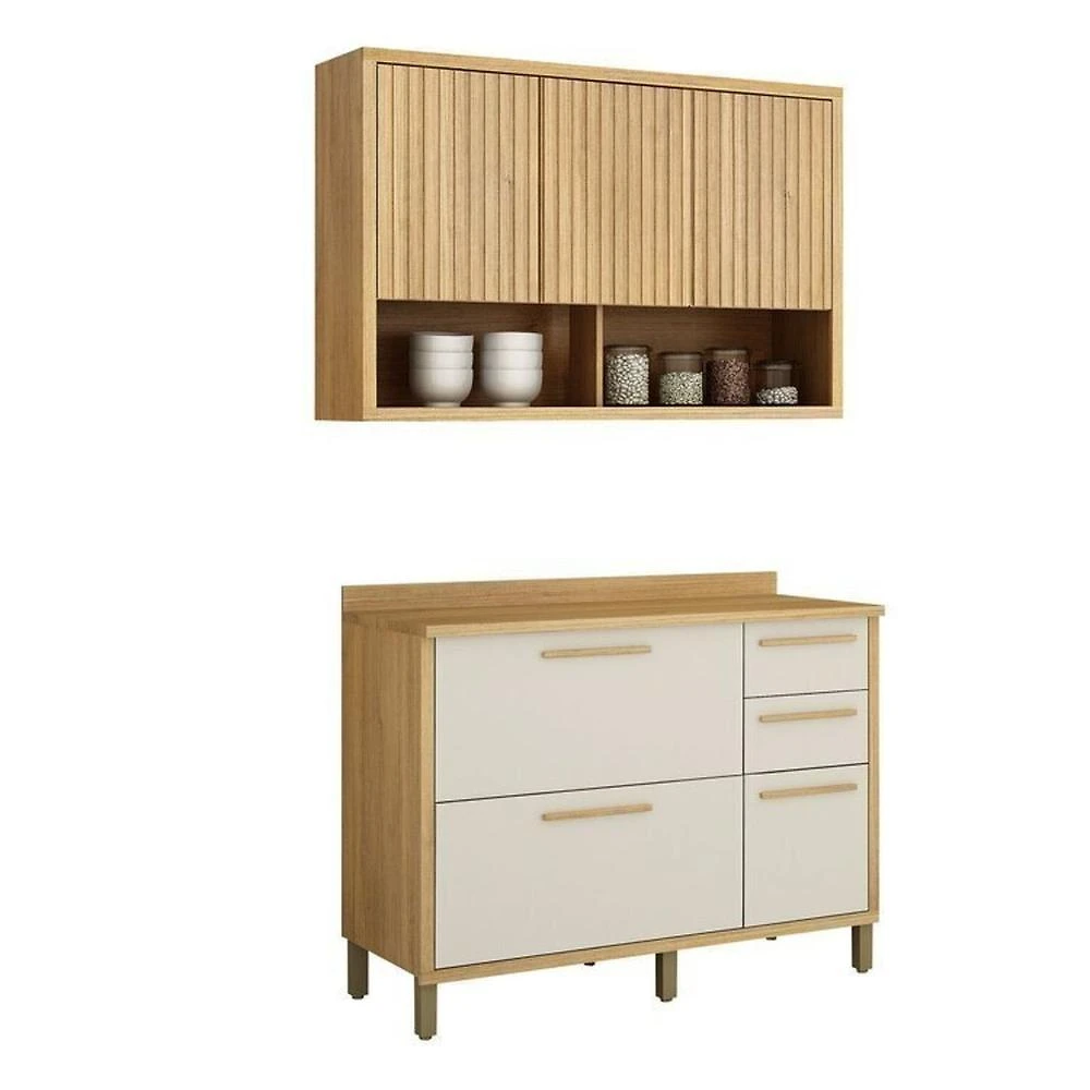 Conjunto de Cozinha Balcão 3 Portas 2 Gavetas e Armário Aéreo 120cm 3 Portas Ripado Torino