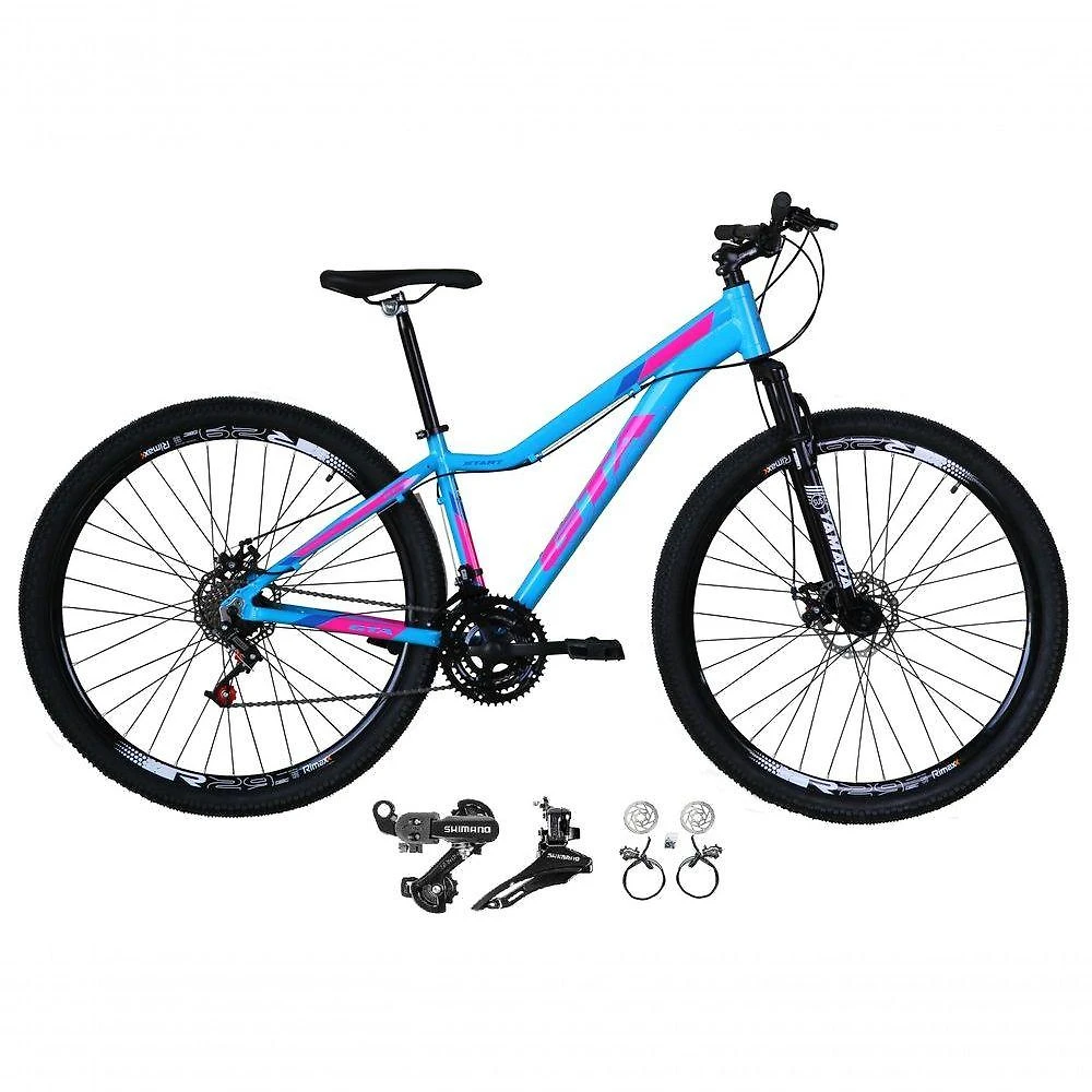Bicicleta Feminina Aro 29 Gta Start 21v Shimano Alumínio Freio Hidráulico Garfo Suspensão - Azul-rosa Tam.15
